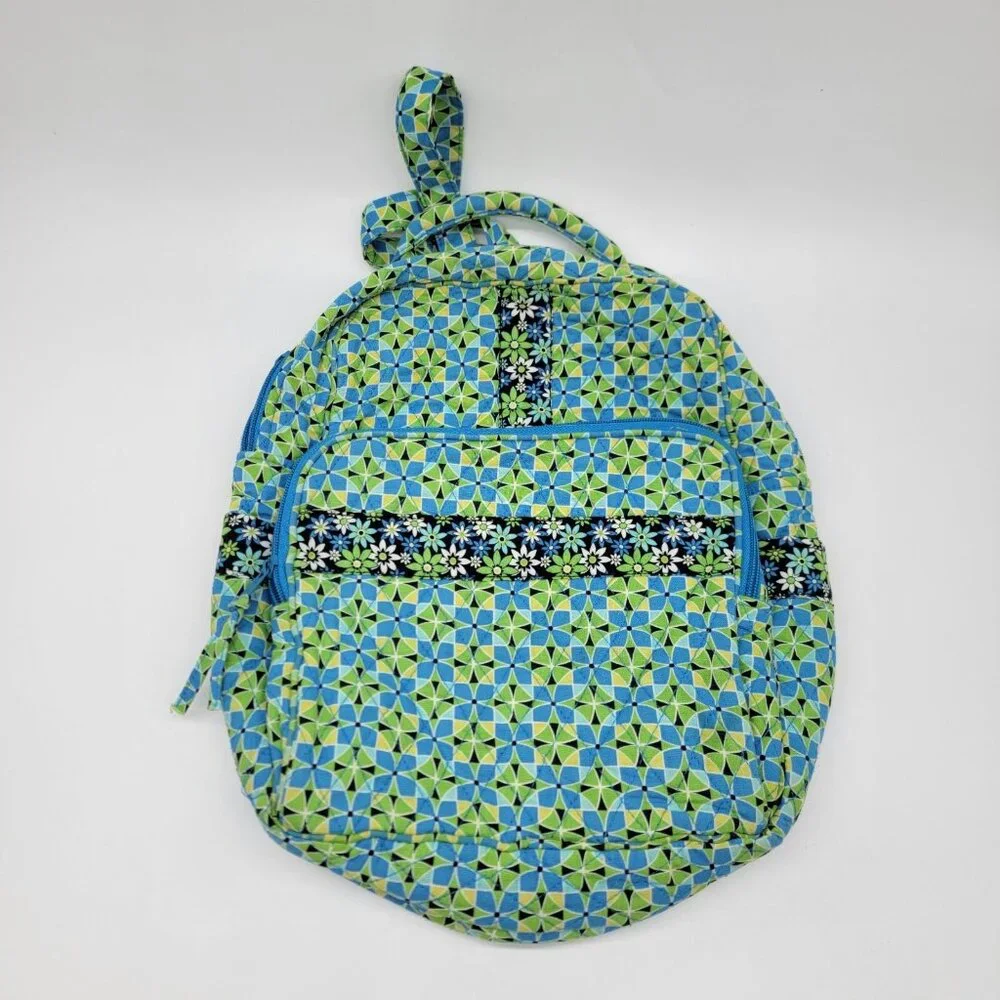 Floral 100% Cotton Backpack Daisy Blue Green Attached Matching Wallet‎